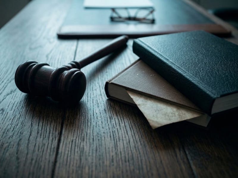 Wooden gavel beside stacked books and reading glasses on a dark wooden table
