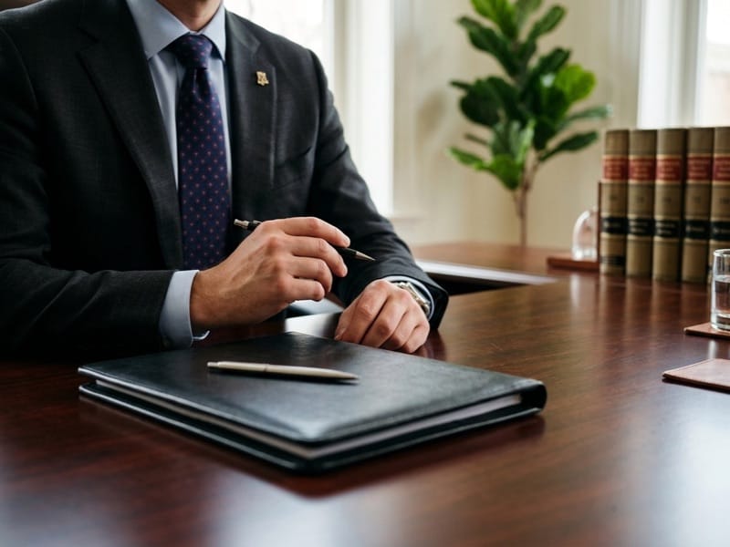 Man in a dark suit at a desk with a leather folder, pen and law books