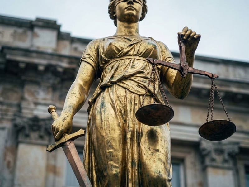 Golden statue of Lady Justice holding a sword and scales in front of a stone building