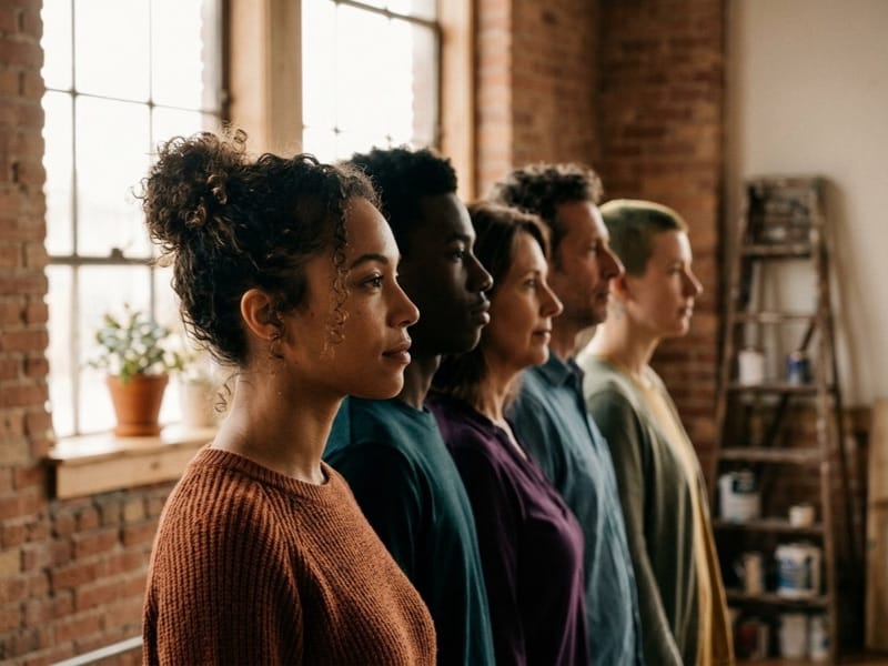 Five people standing in a row in profile in a brick-walled room with a bright window