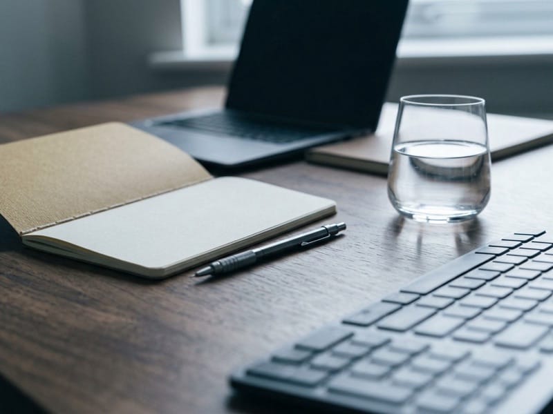 Open notebook, pen, water glass and keyboard arranged on a wooden desk beside a laptop
