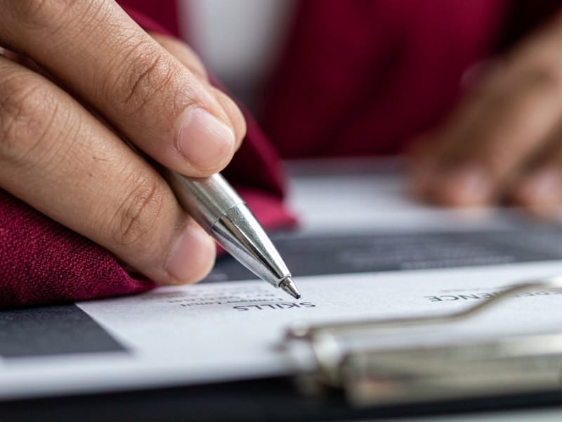Hand holding a pen over a printed form on a clipboard during a meeting