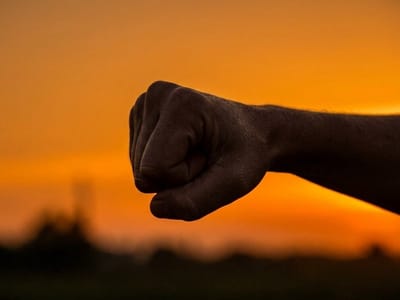 Clenched fist silhouetted against an orange sunset sky