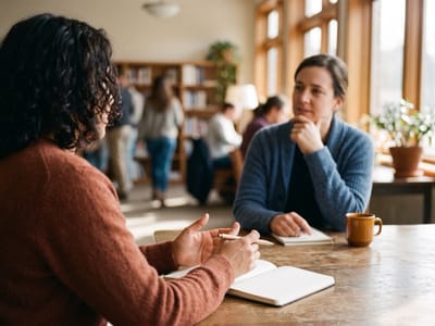 Two women talking over an open notebook and coffee mug at a wooden table in a bright room